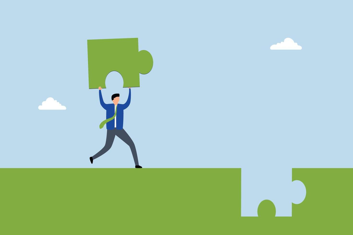 businessman complete last missing jigsaw puzzle piece. vector