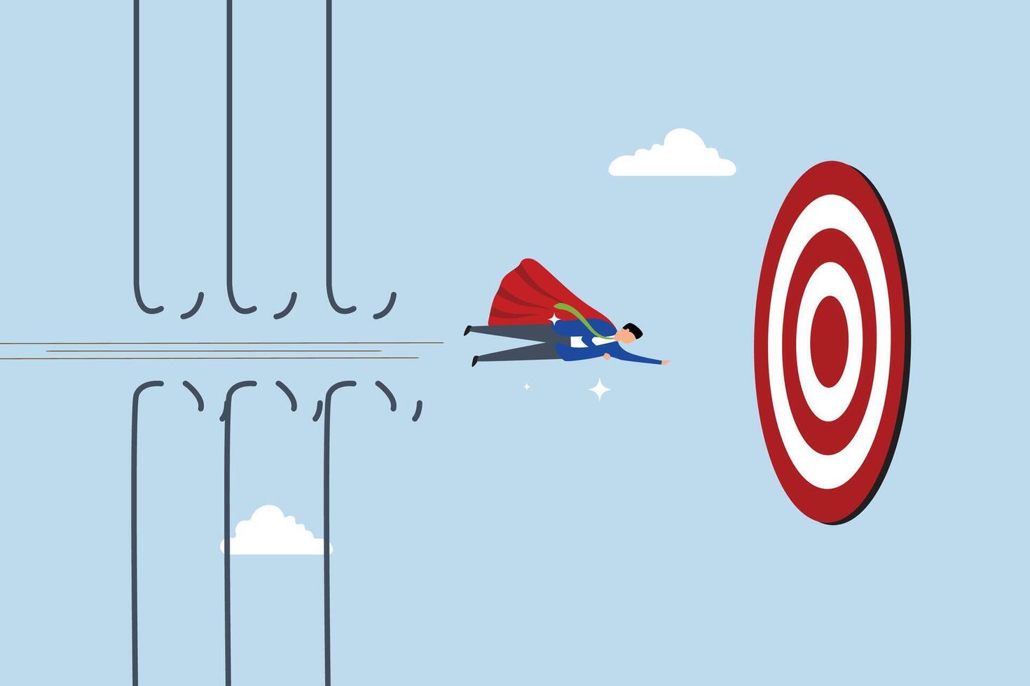 Overcome difficulty, entrepreneur hero soar over hindrances to attain goal. vector