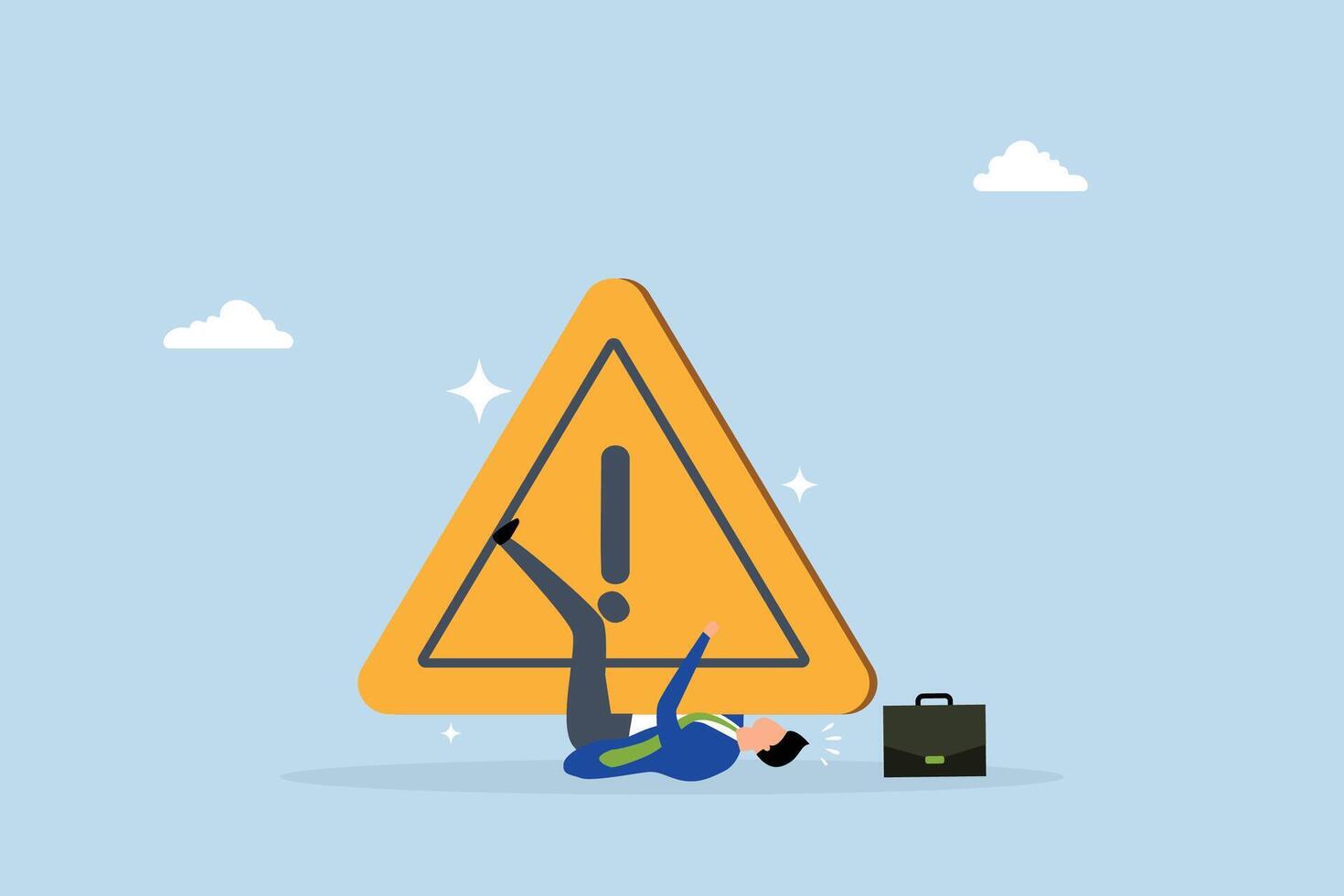 Caution, frustrated businessman fall under attention sign. vector