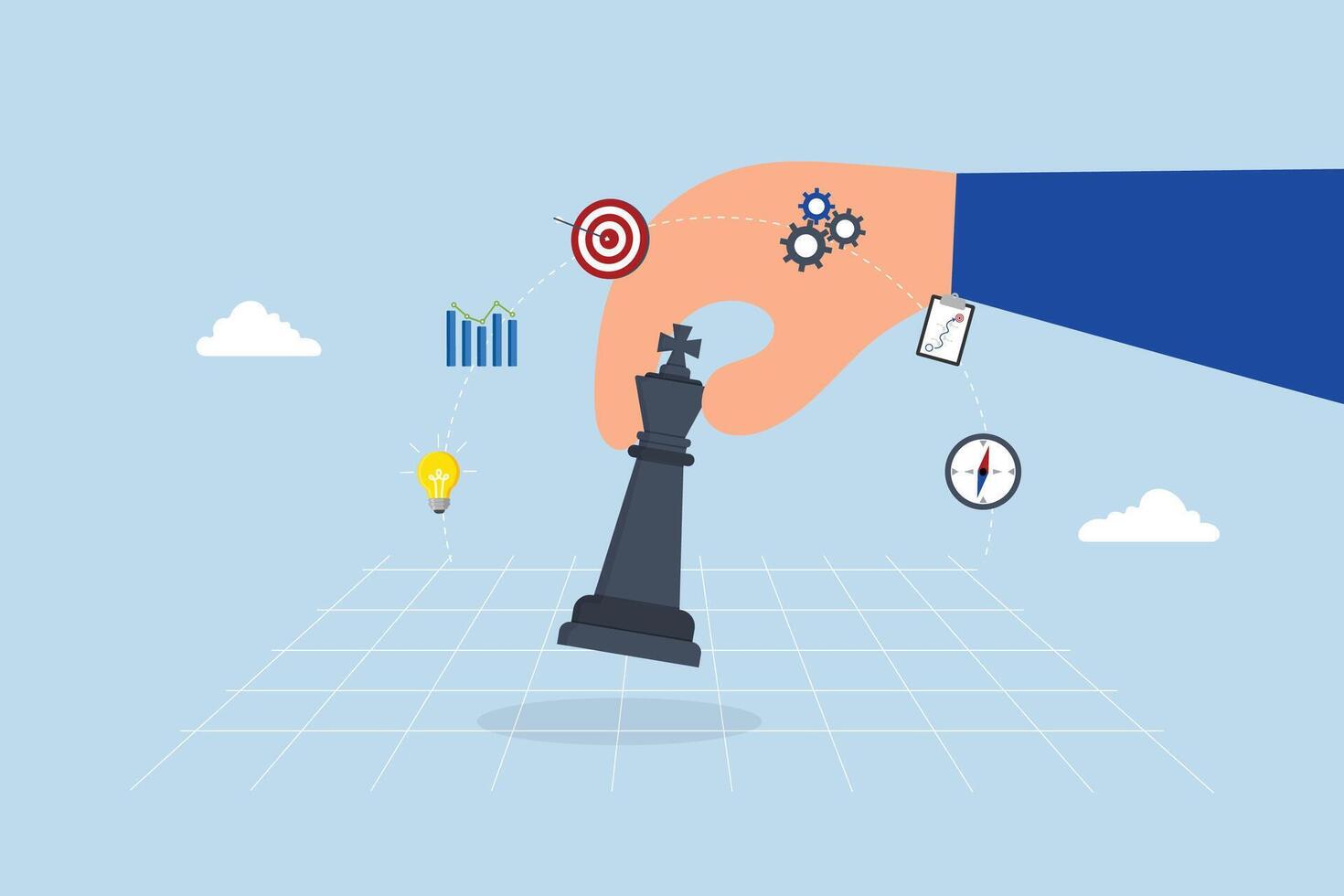 Strategic planning, entrepreneur hand on tactical chess king. vector