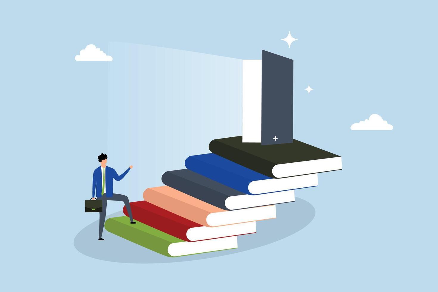 learning for new opportunity, entrepreneur ascends pile of books stairway to arrive at opportunity entrance. vector
