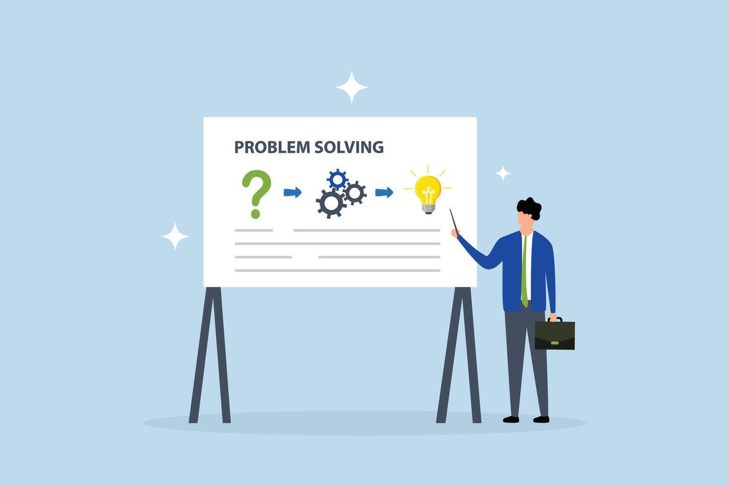 Problem solving skill, Entrepreneur demonstrates issue resolution process on whiteboard. vector