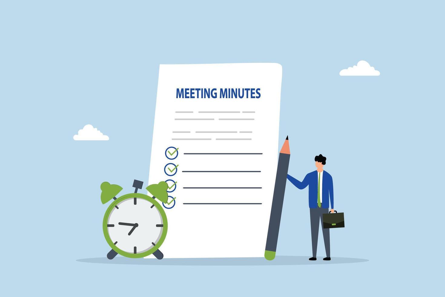 Meeting minutes, businessman writing meeting minutes with alarm clock. vector