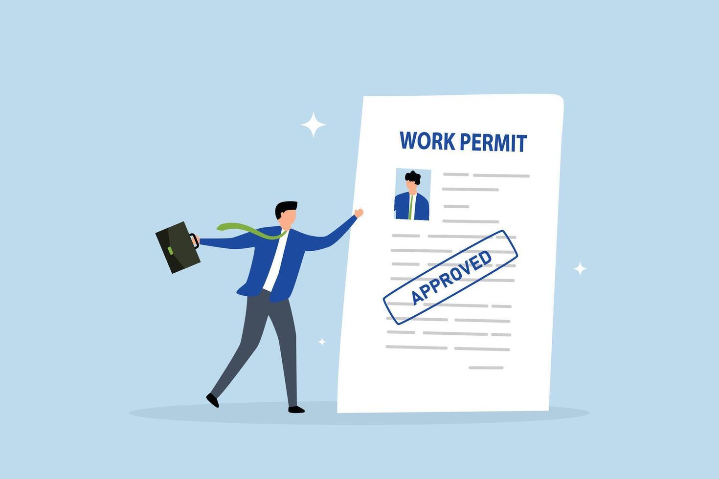 Work permit document approved, businessman employee with approved work permit paper. vector
