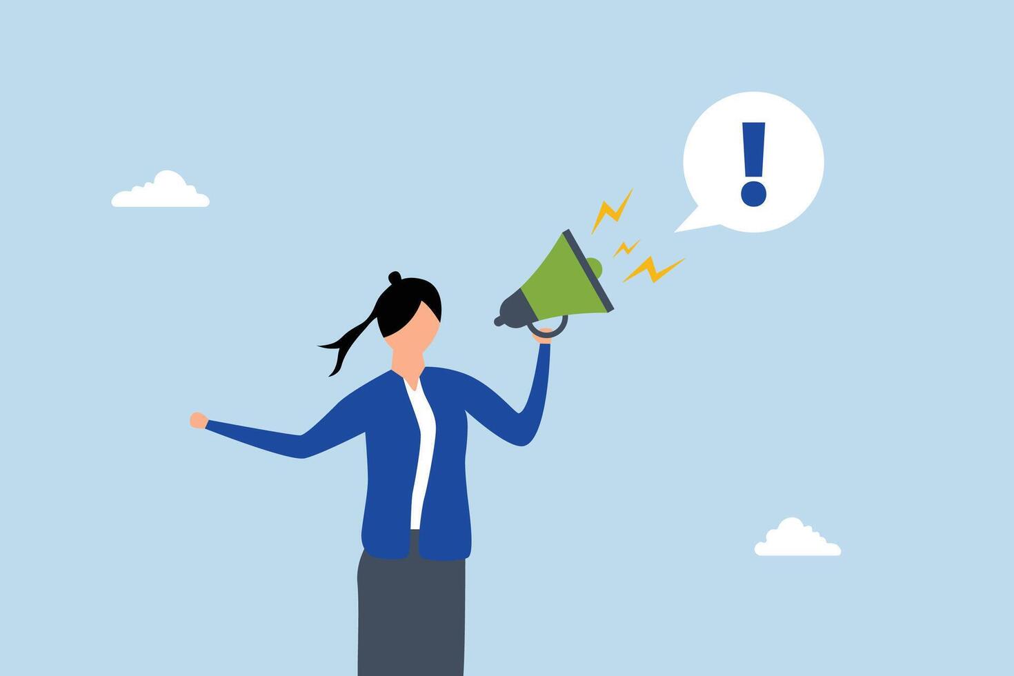 Attention announcement, confident entrepreneur speaking through megaphone with enthusiasm, calling for attention. vector