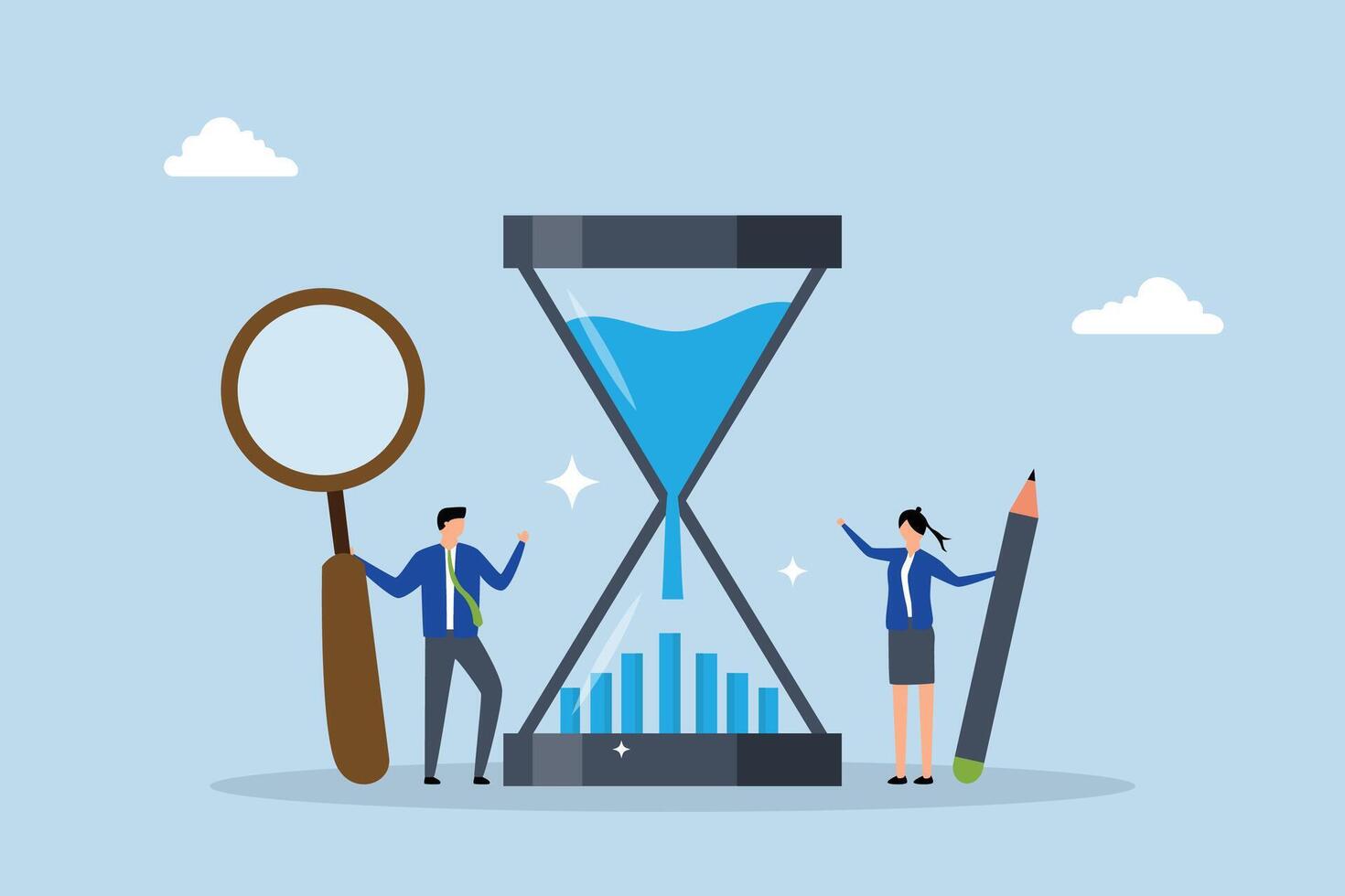 Time management analysis, Business professionals, project managers, and analysts examine a time graph represented in an hourglass. vector