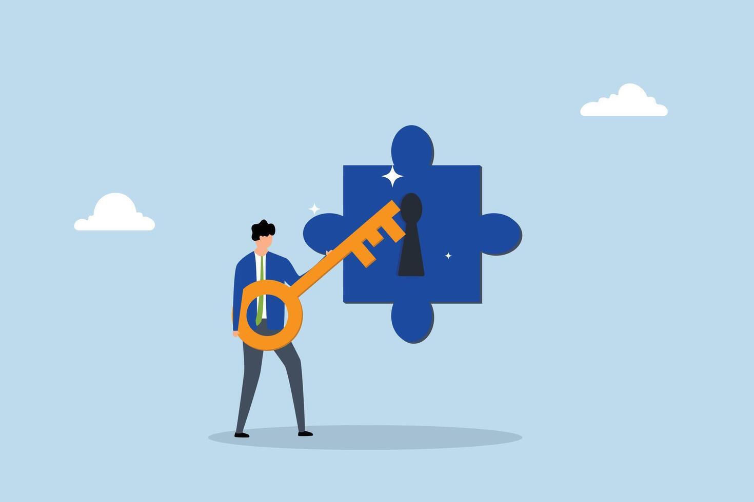businessman turn key into jigsaw puzzle keyhole. vector