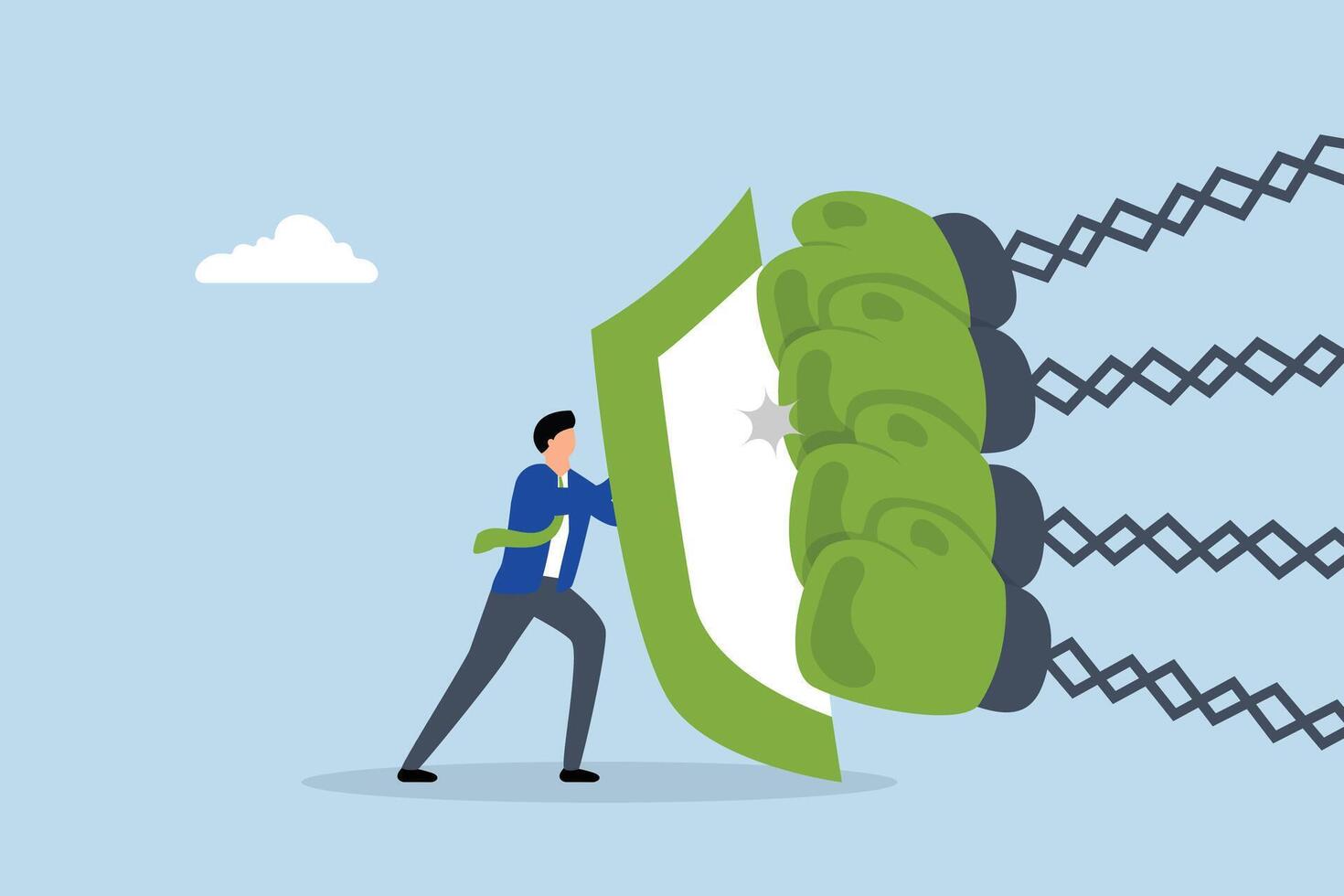 Business threat, Businessman wields shield to battle several attackers blows. vector