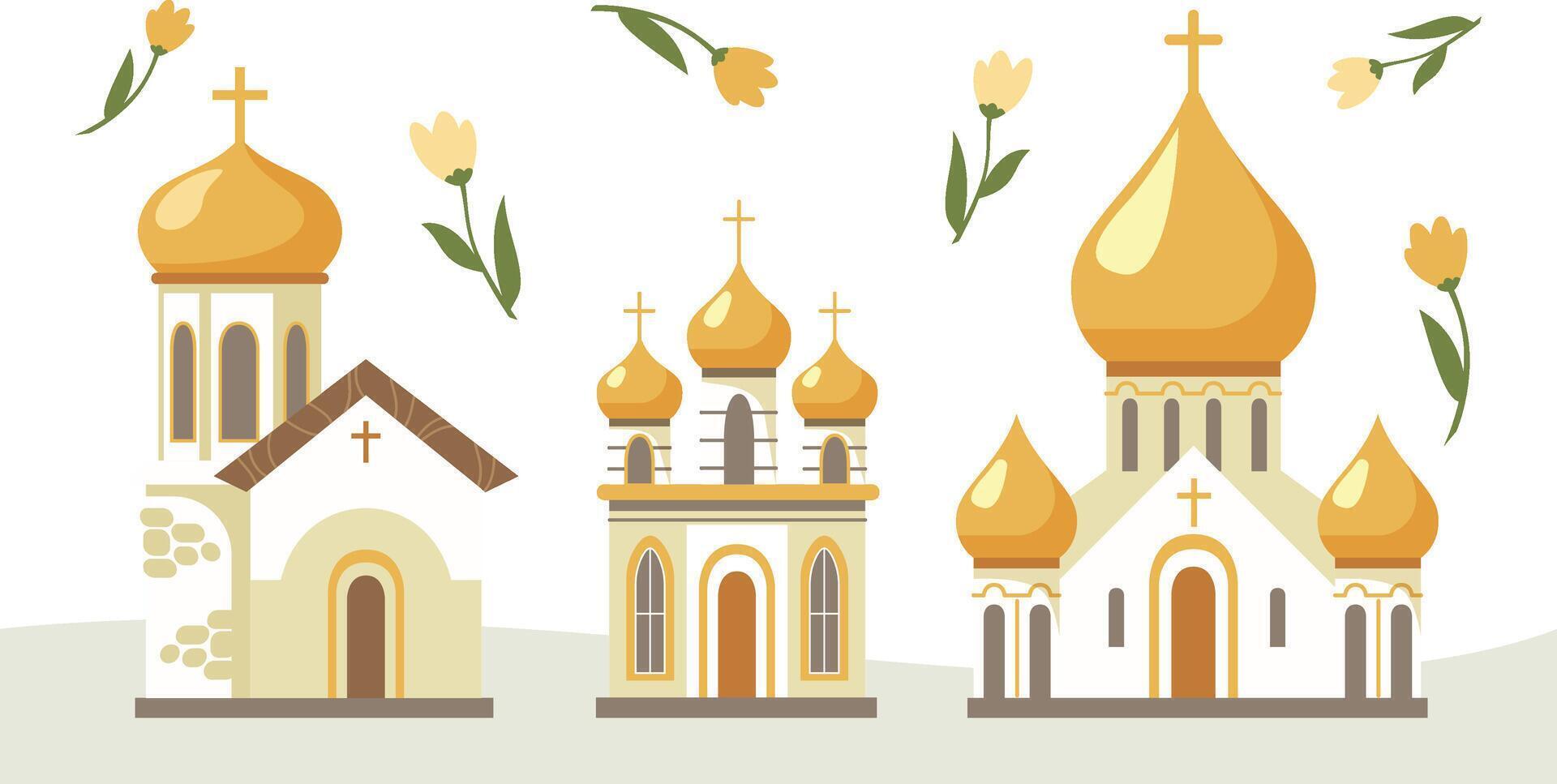 Set of orthodox cathedrals, churches with domes and crosses isolated. Church facade with flowers, basilica monument. Temple of Christ, place of worship vector