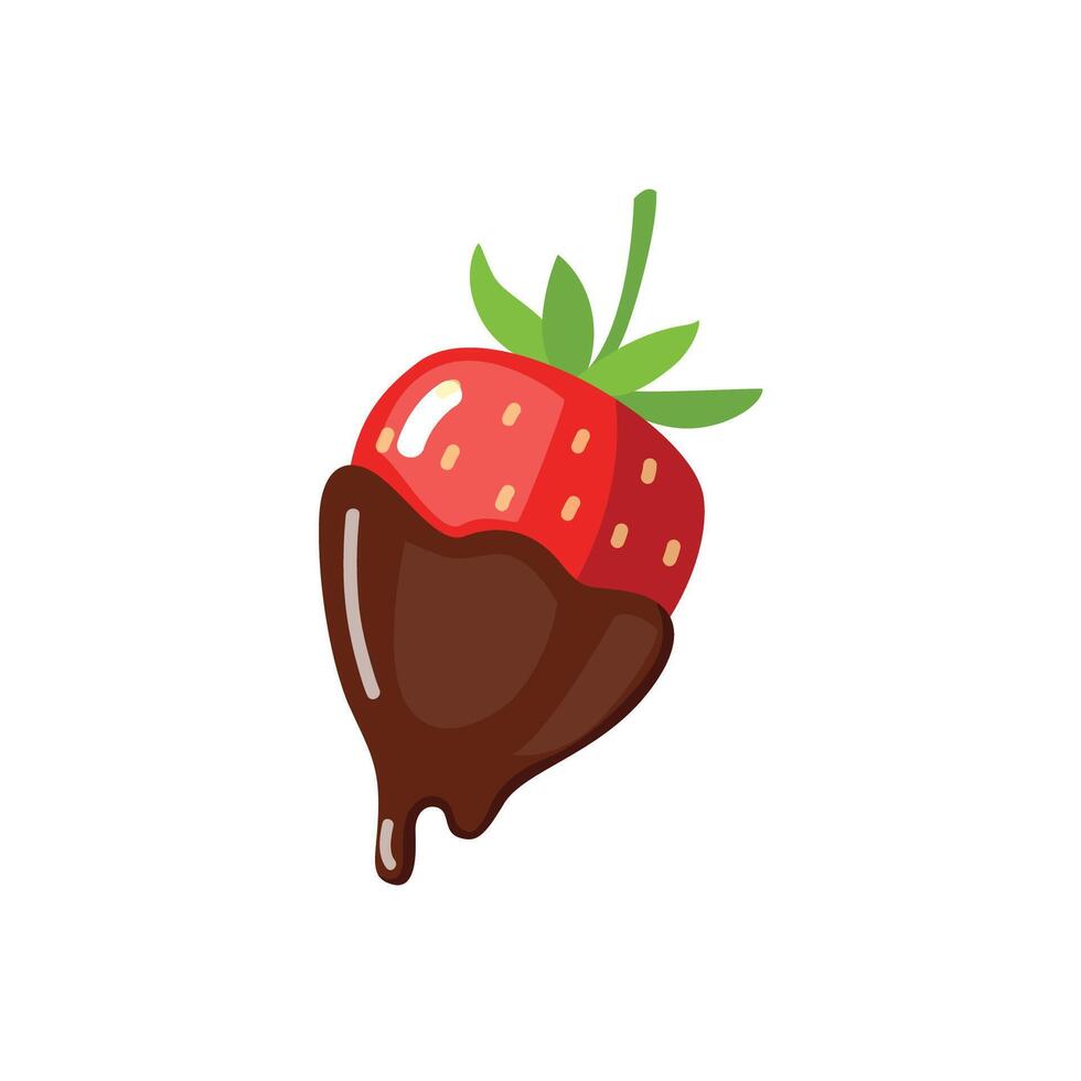 illustration of a juicy strawberry dipped in rich chocolate. A delicious and sweet dessert with glossy glaze and dripping effect. Perfect for food designs, packaging, and menus. vector
