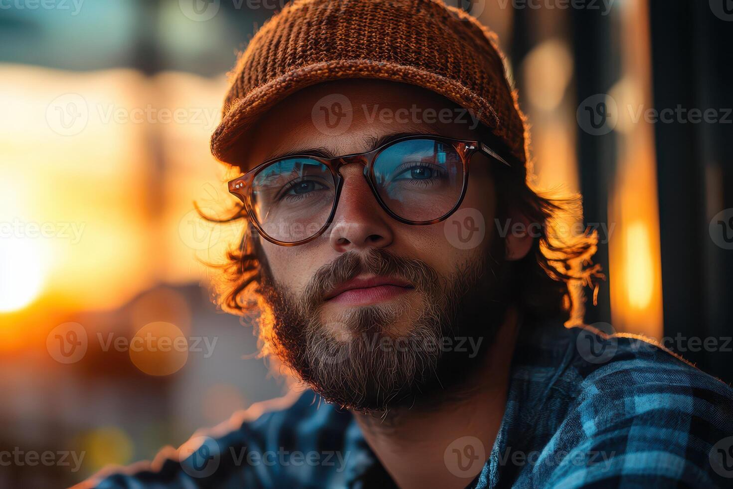 A man with glasses and a hat is looking off into the distance photo