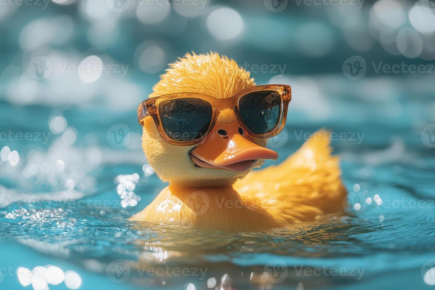 A yellow duck wearing sunglasses in the water photo