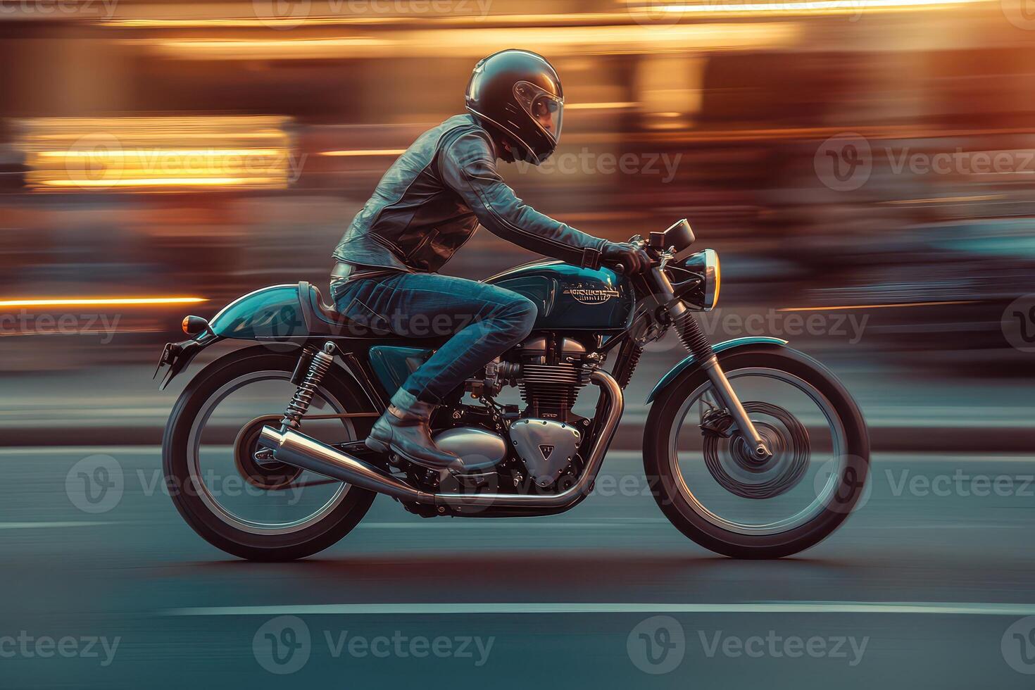 A person riding a motorcycle on a city street photo