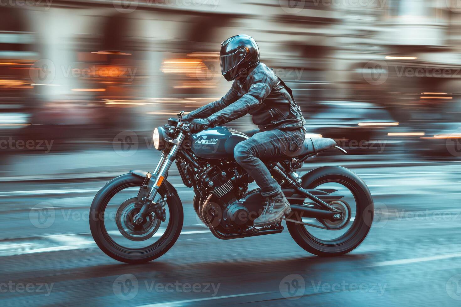 A man riding a motorcycle on a city street photo