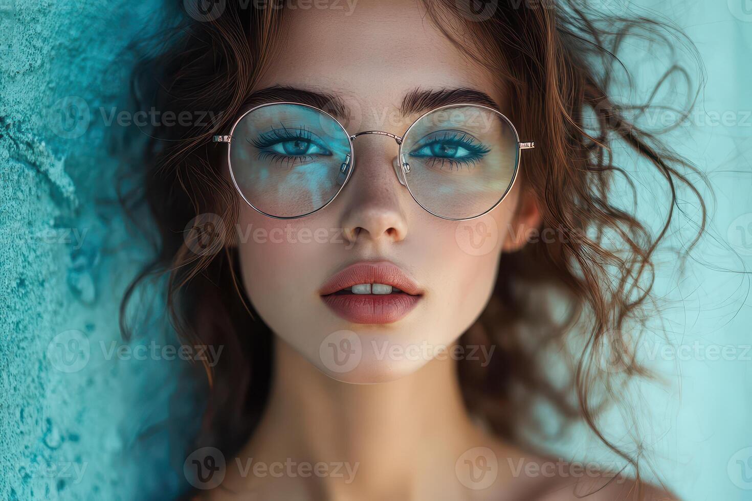 A beautiful woman with glasses and blue eyes photo