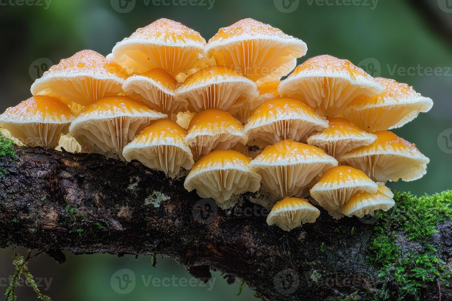A group of mushrooms is sitting on a branch photo