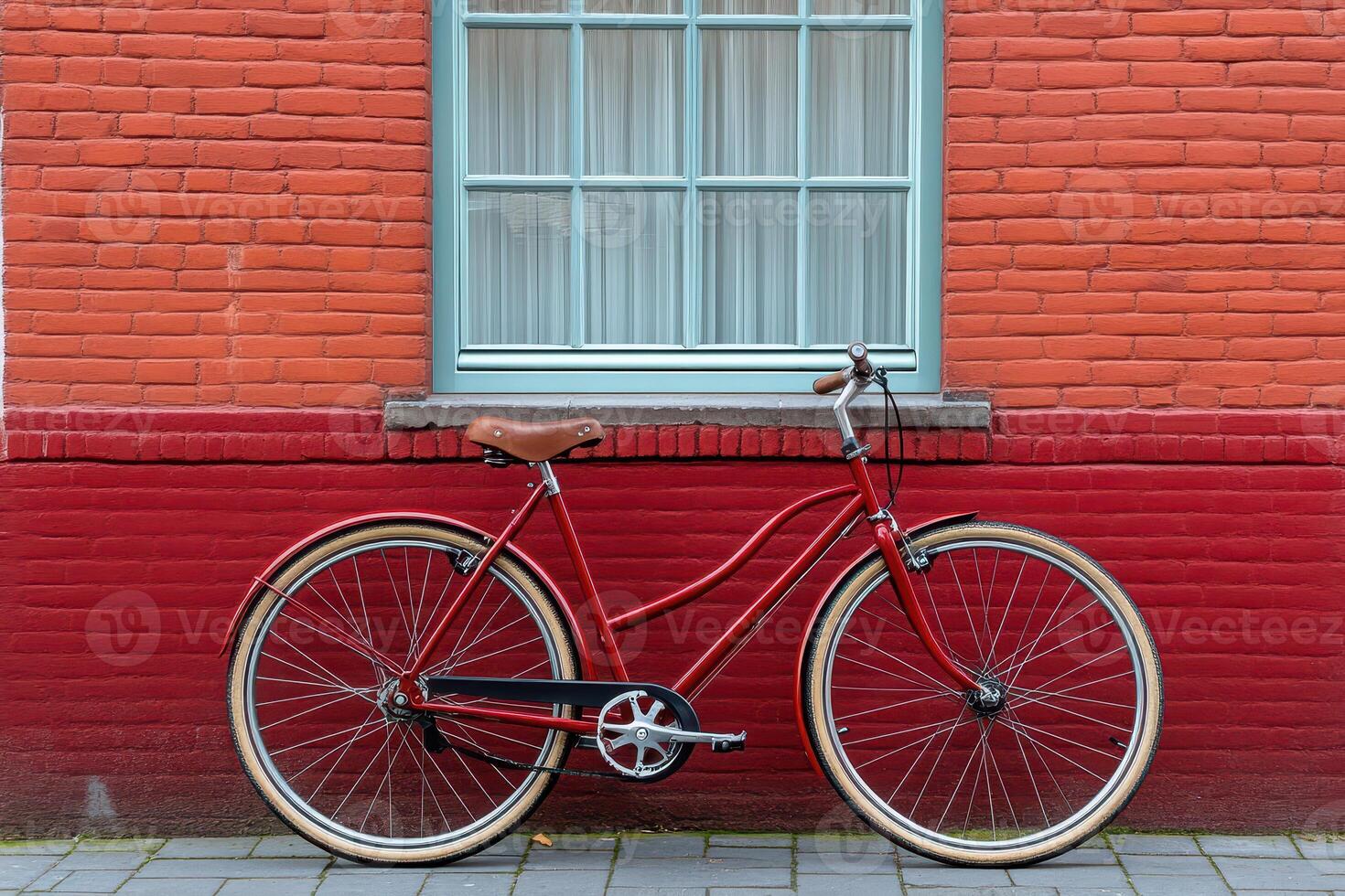 A red bicycle is parked against a brick wall photo