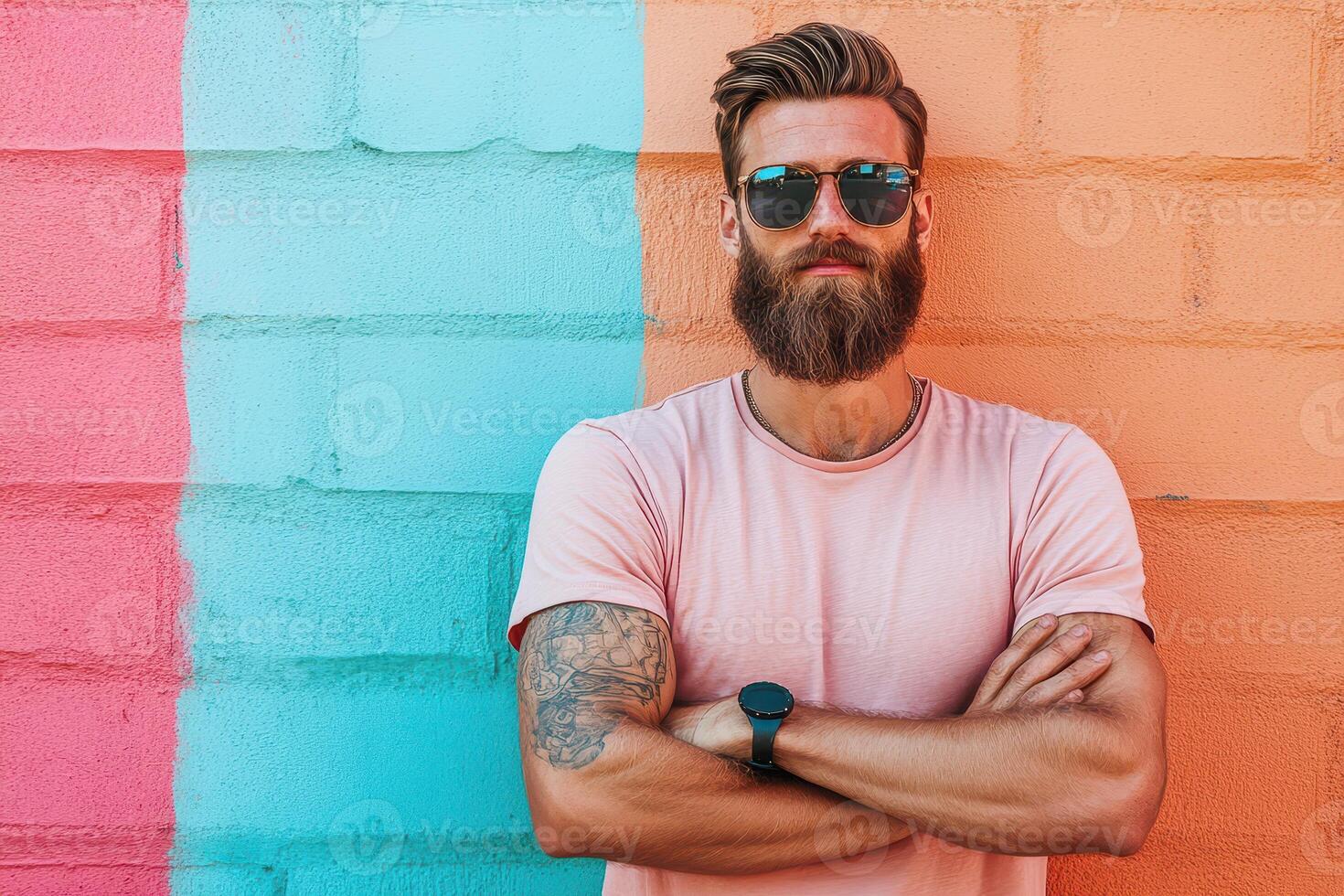 A man with a beard and sunglasses standing in front of a colorful wall photo