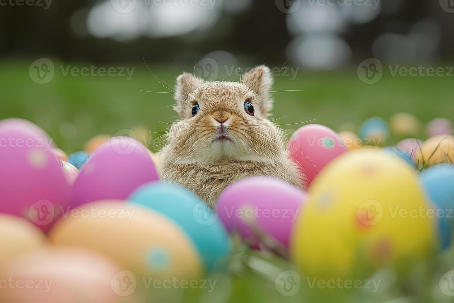 A small rabbit is surrounded by colorful eggs photo