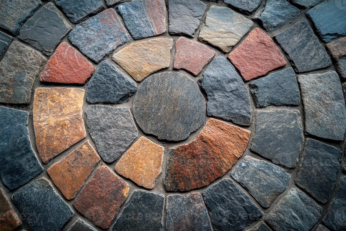 A circular stone wall with many different colors photo