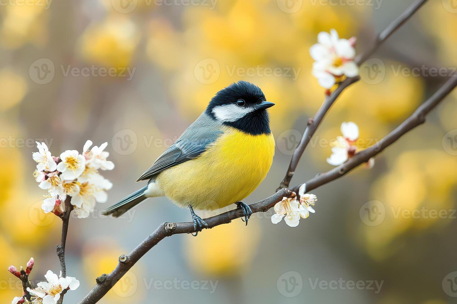 A small bird is sitting on a branch with flowers photo
