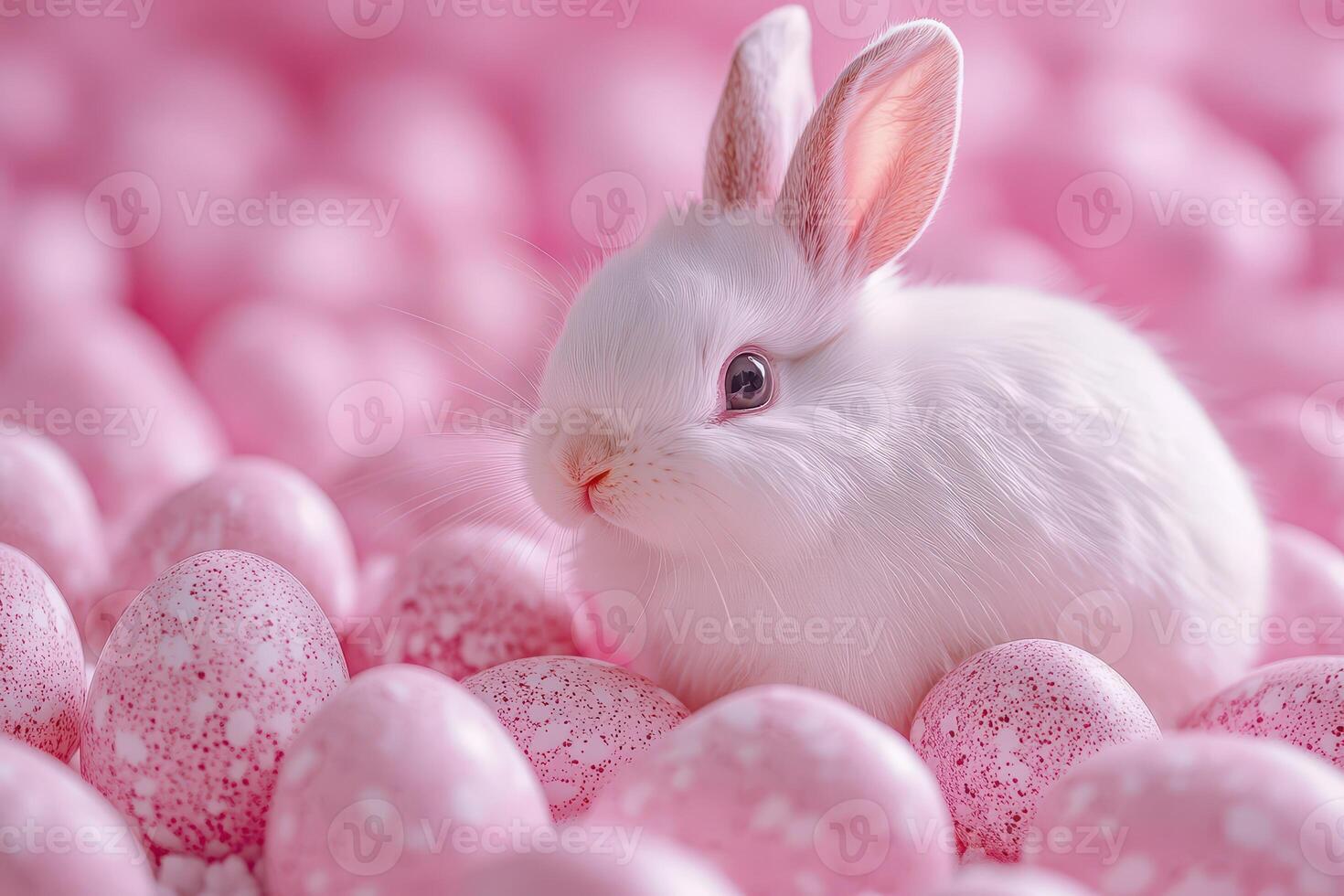 A white rabbit sitting in a pile of pink eggs photo