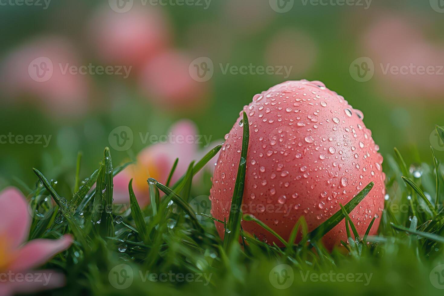 An easter egg is sitting in the grass with water droplets on it photo