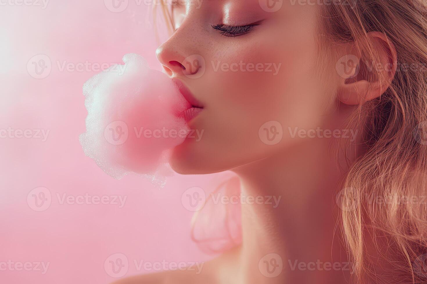 A woman blowing a pink cotton candy photo