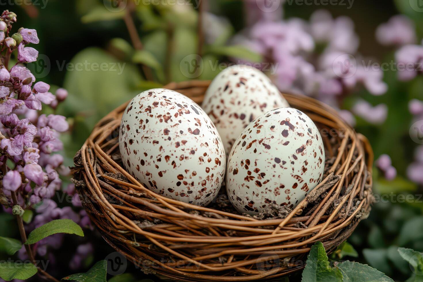 Three speckled eggs in a nest with purple flowers photo