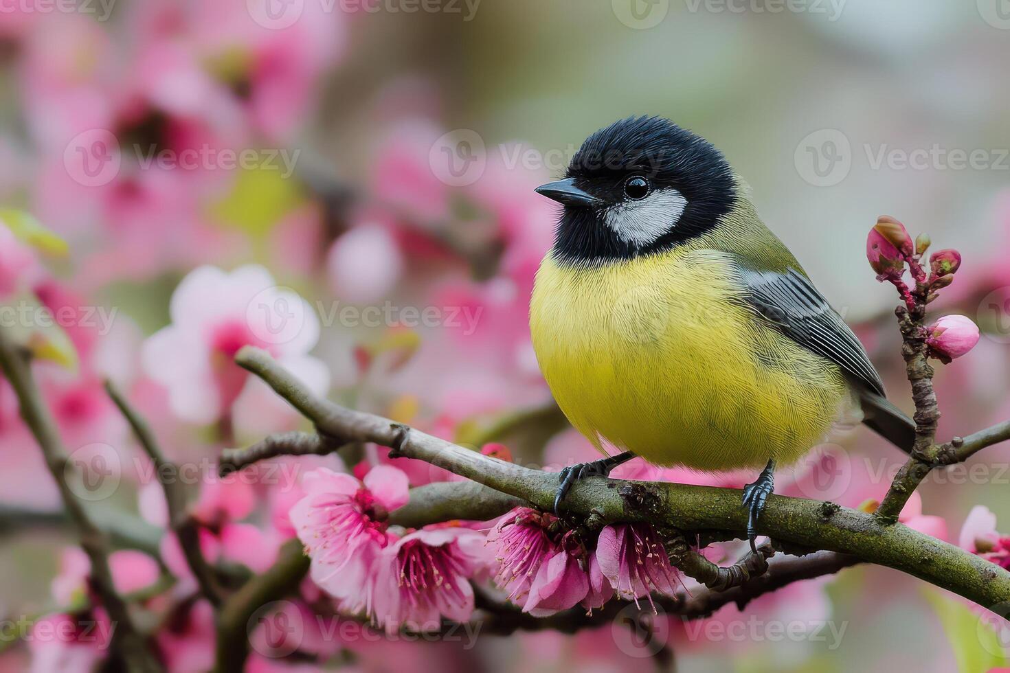 A bird is sitting on a branch with pink flowers photo