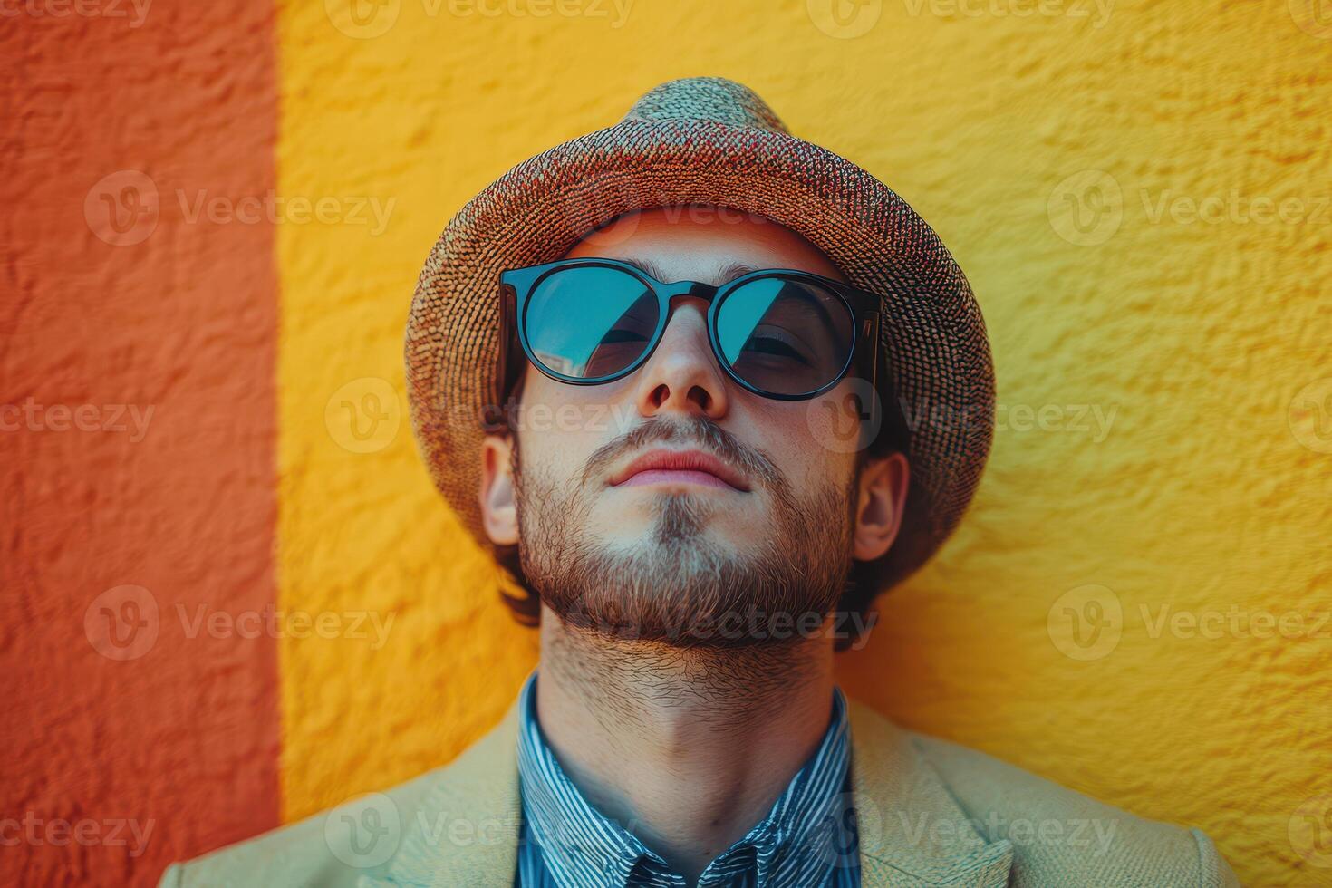 A man wearing sunglasses and a hat against a colorful wall photo