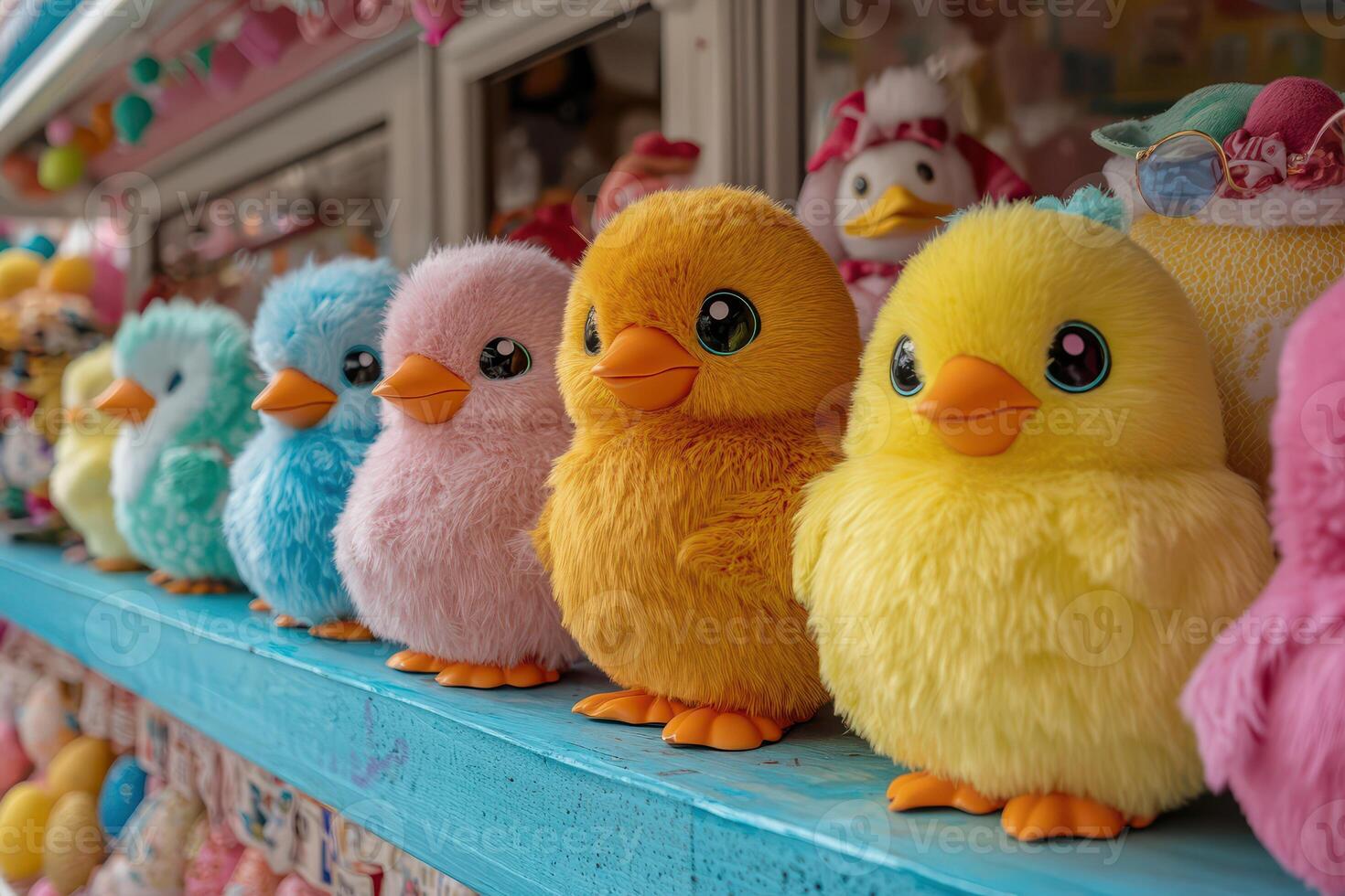 A row of colorful stuffed animals photo