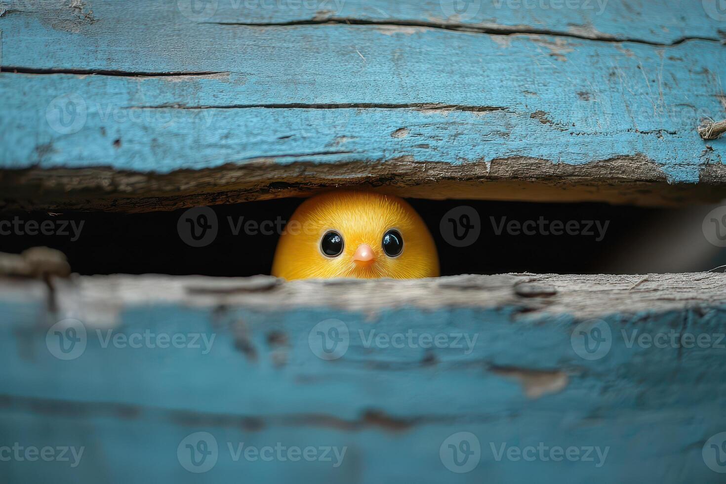A small yellow bird peeking out from a hole in a blue wooden wall photo