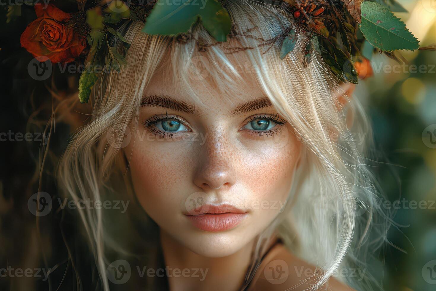A beautiful woman with blue eyes and a wreath of flowers photo