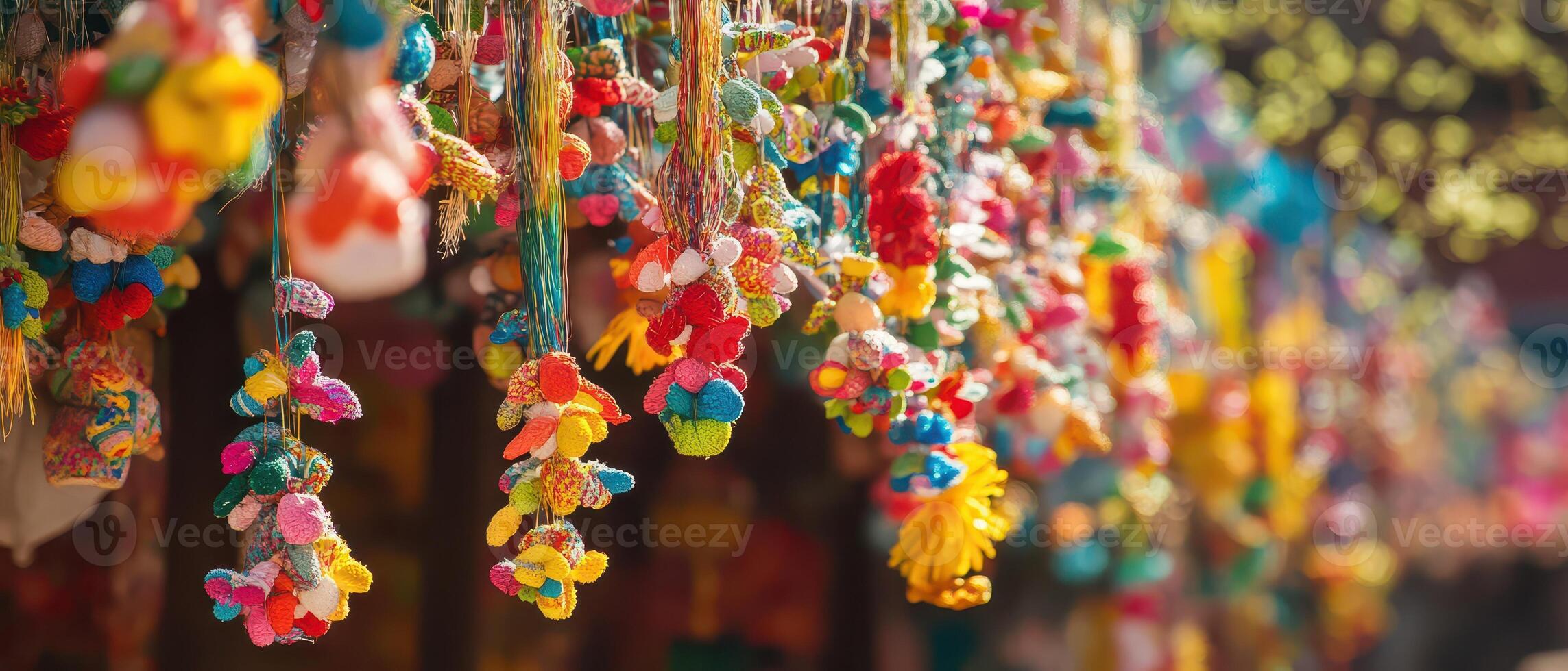 Colorful hanging decorations in a market photo