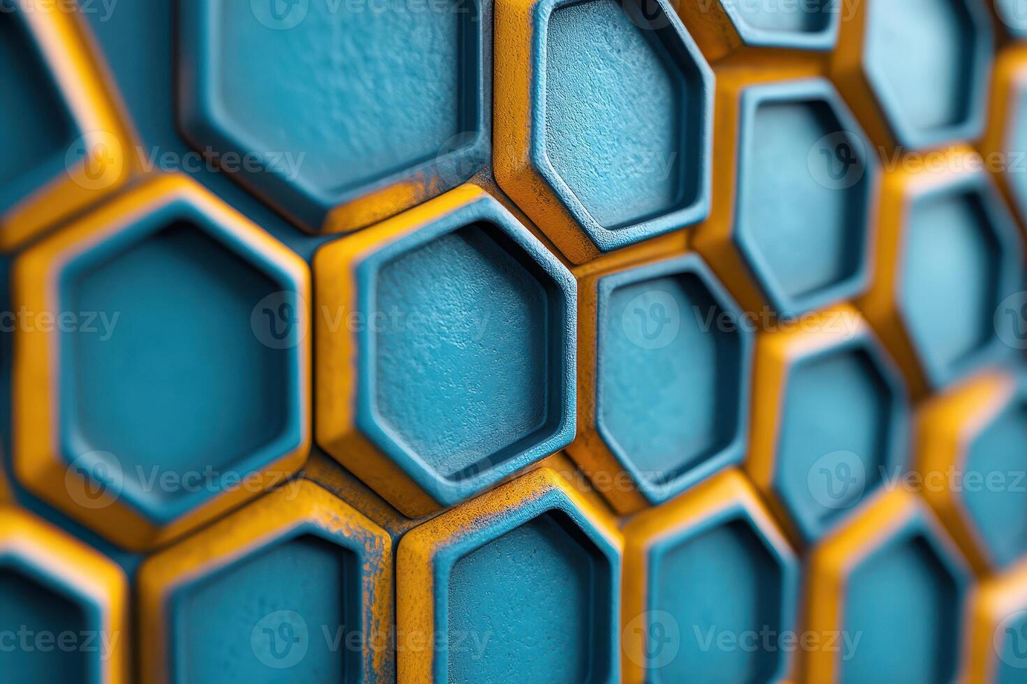 A close up of a blue and yellow wall with hexagons photo