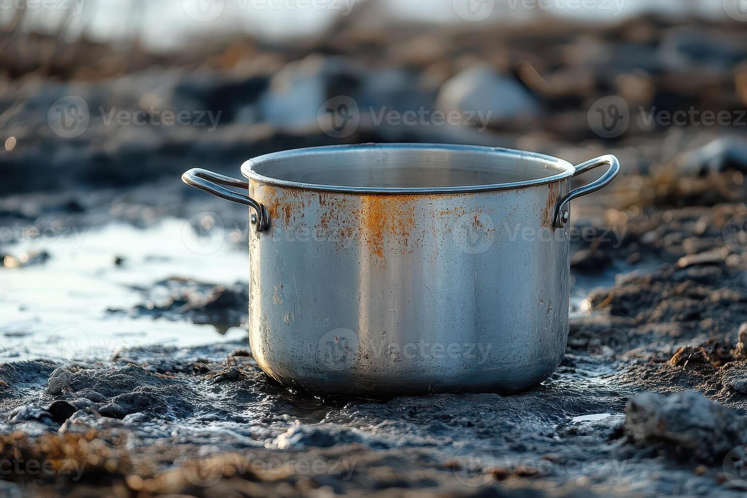 A pot sitting on top of a muddy field photo