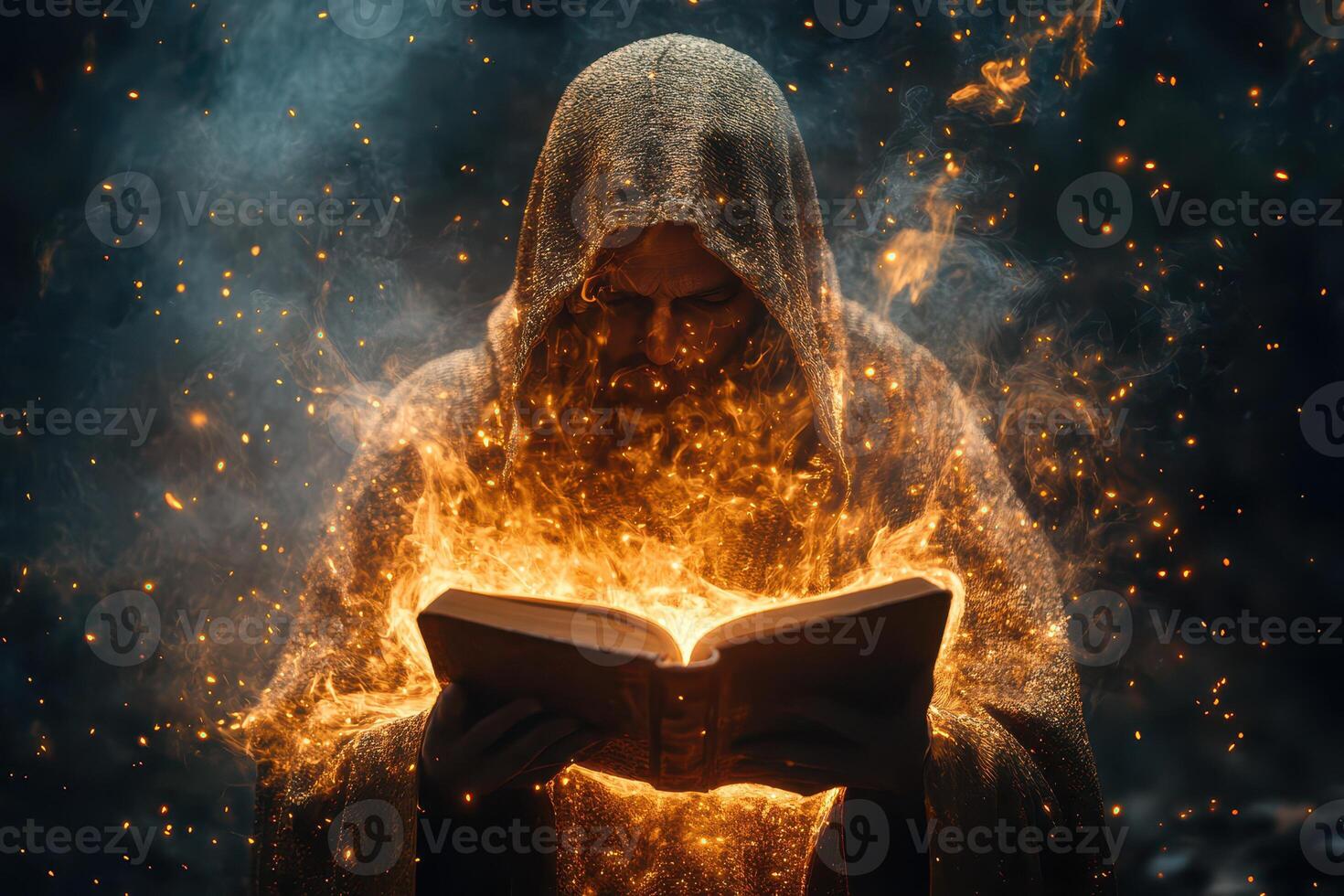 A man in a hood reading a book with fire coming out of it photo