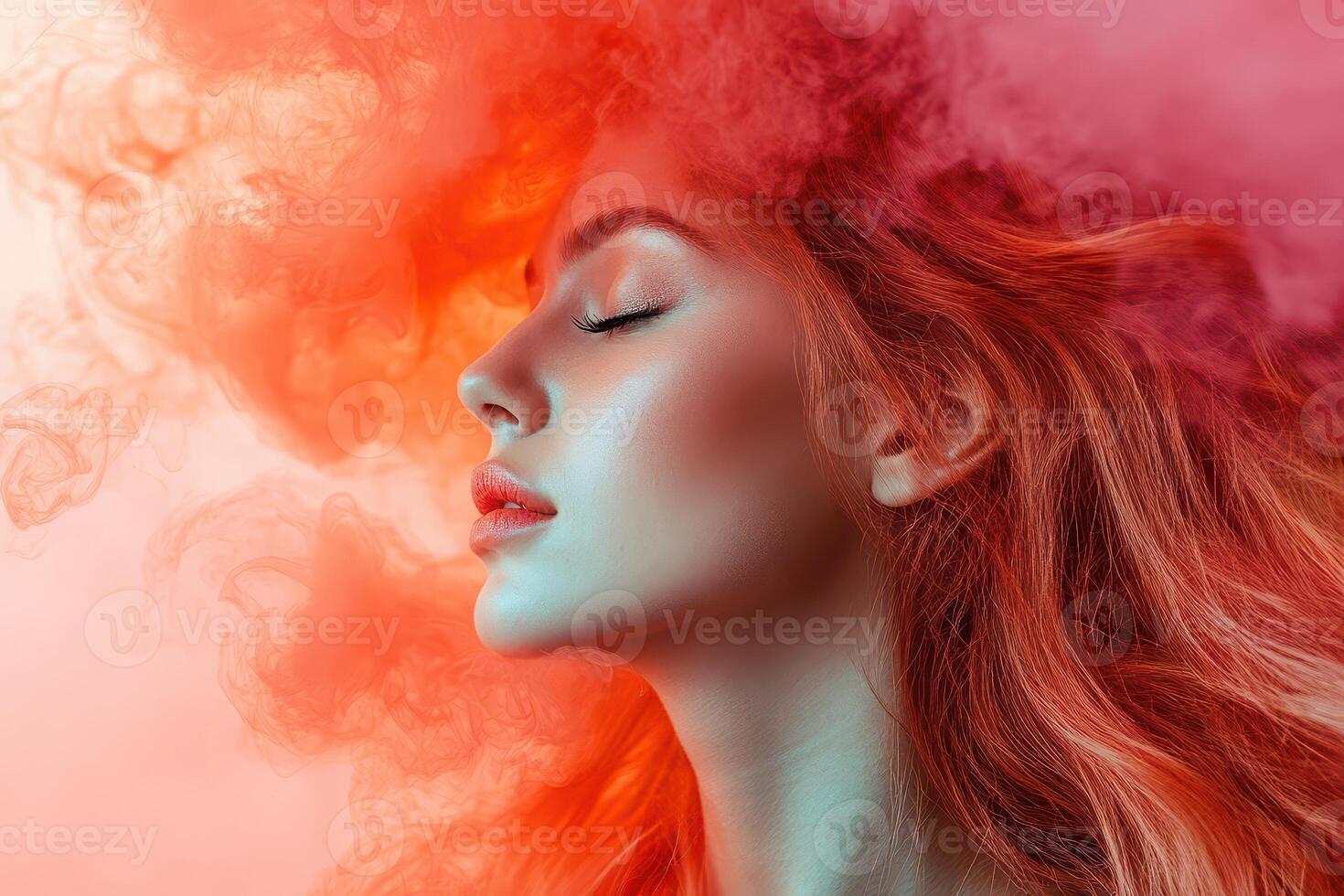 Beautiful woman with red smoke in her hair photo