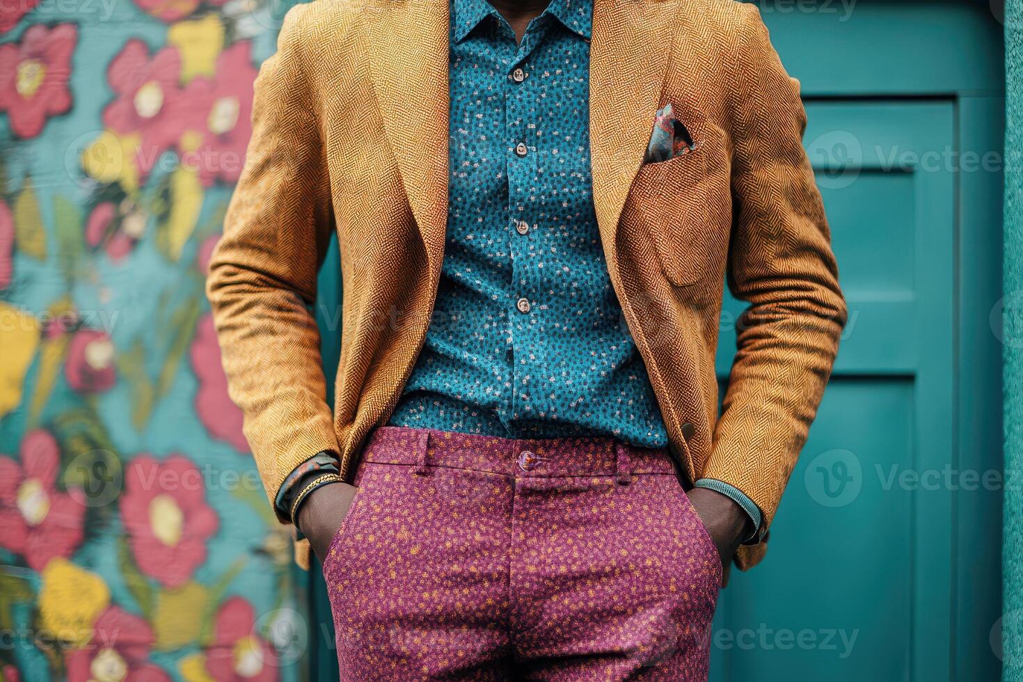 A man in a suit and tie standing in front of a colorful wall photo