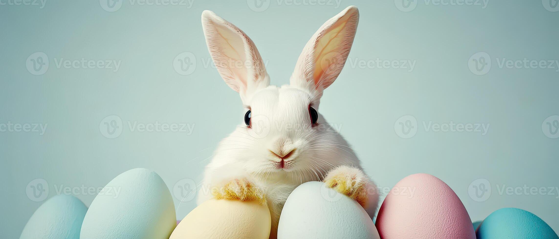 A white rabbit is sitting on top of a pile of colorful eggs photo