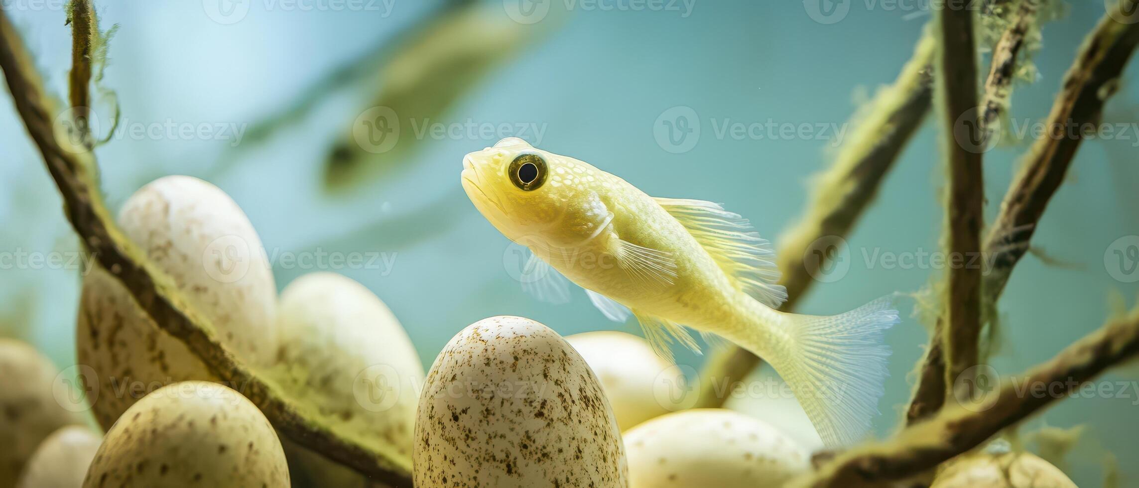 A small yellow fish is sitting on top of eggs photo