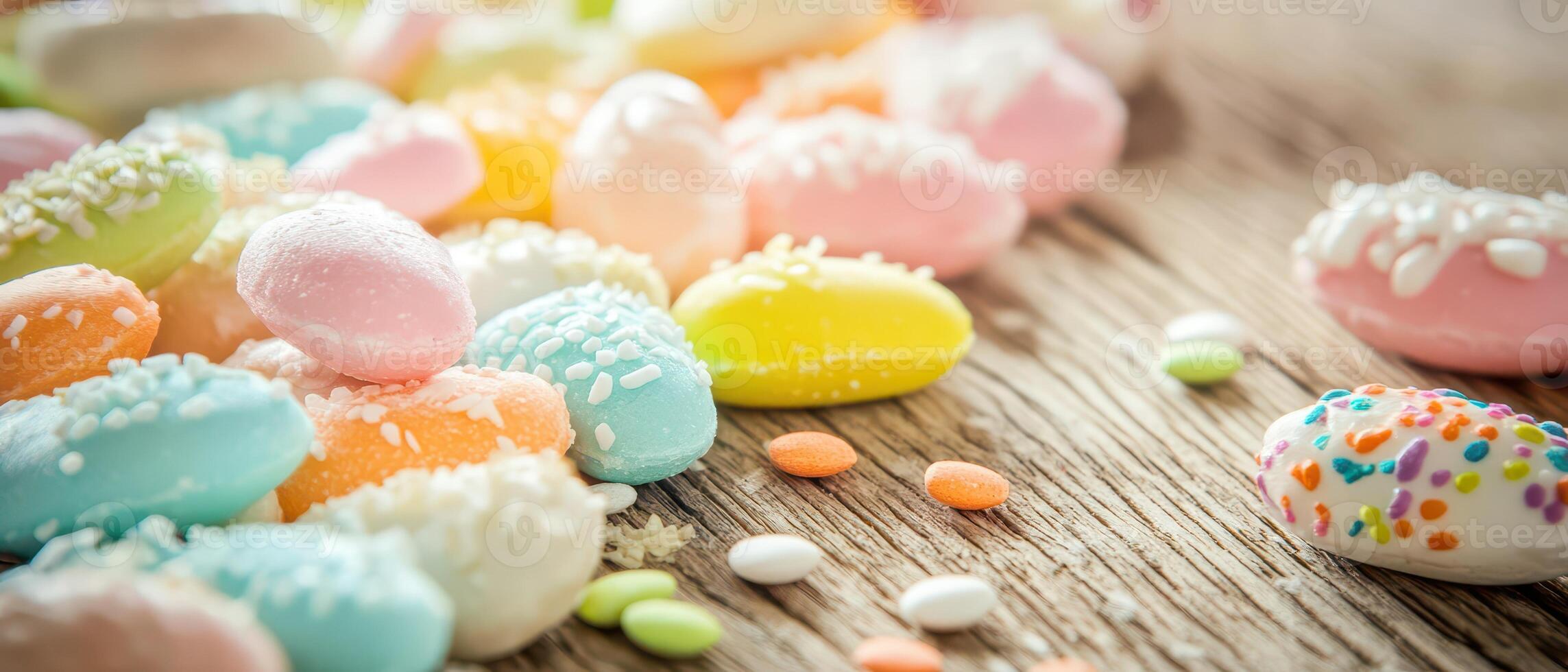 A close up of colorful candy on a wooden table photo
