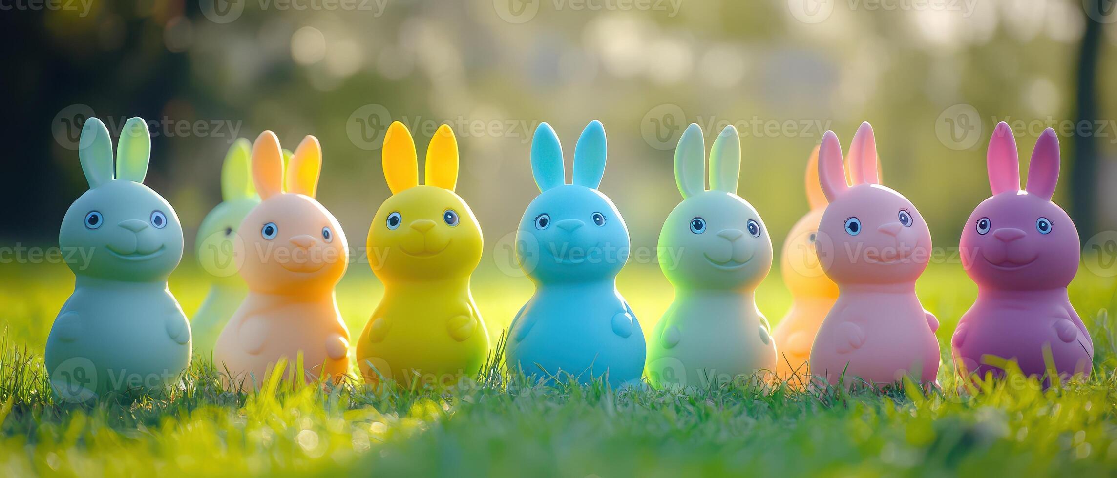 A group of colorful plastic easter bunnies in the grass photo