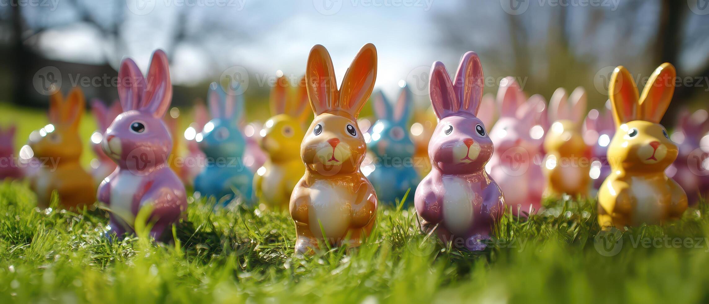 Many colorful plastic easter bunnies are standing in the grass photo