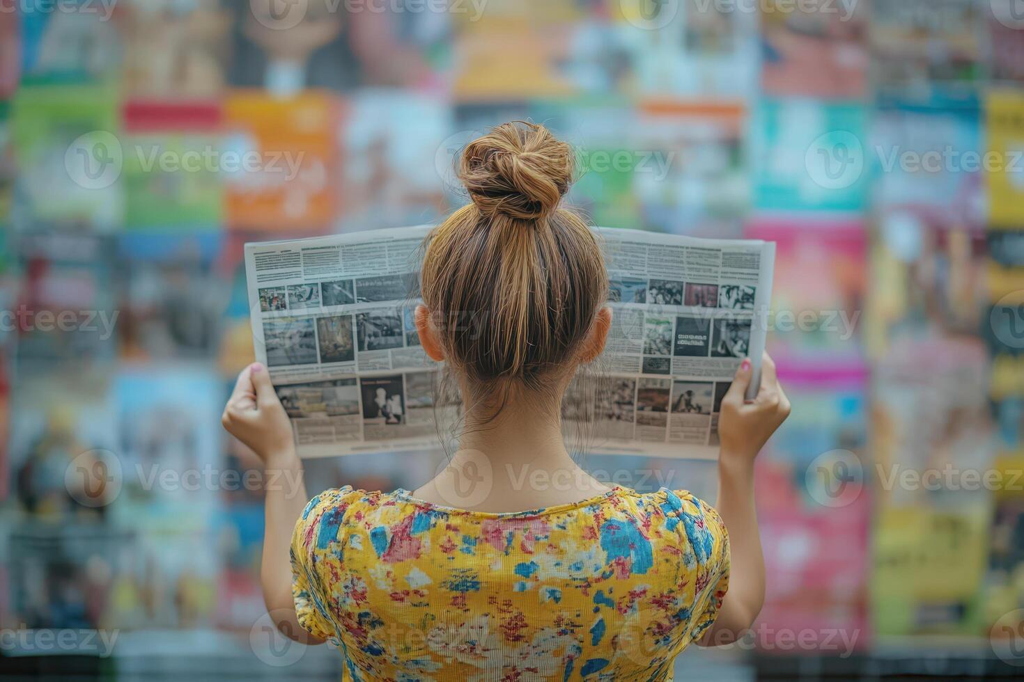 A woman reading a newspaper in front of a wall of magazines photo