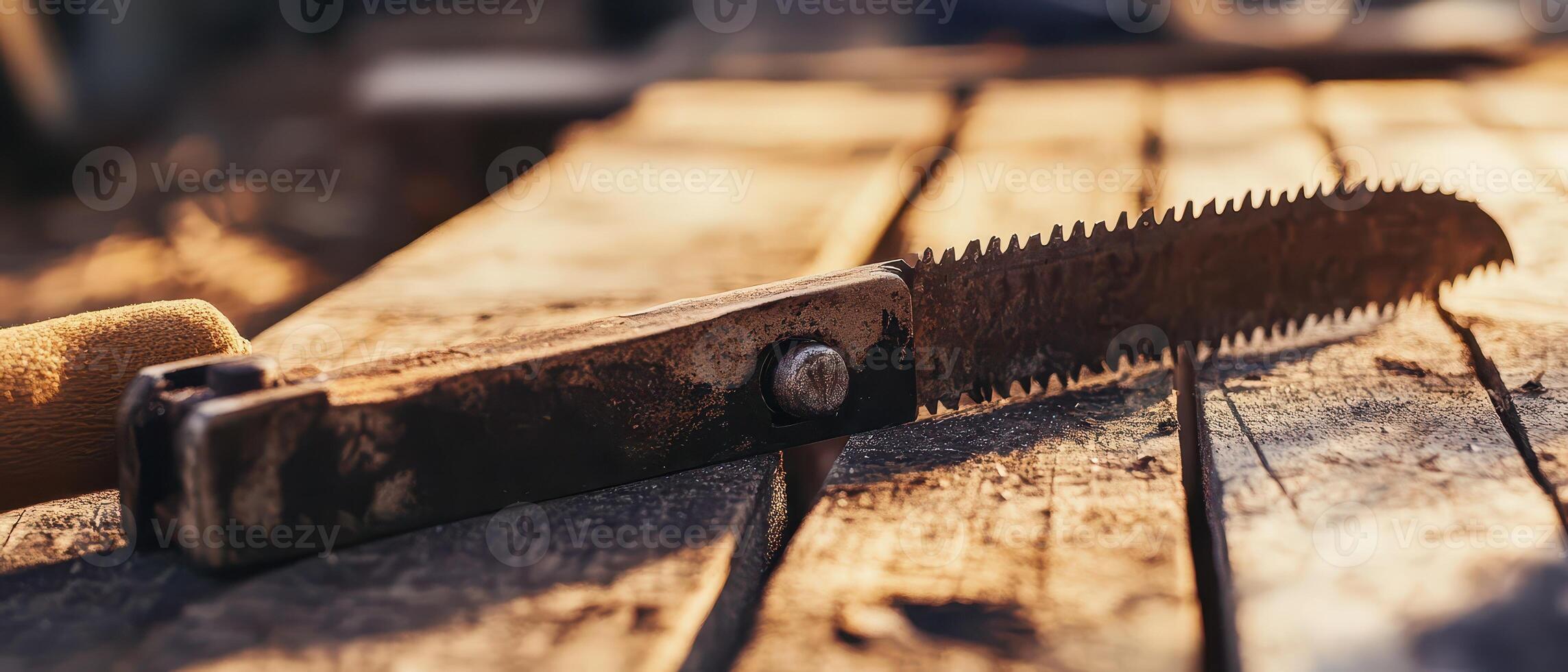 A saw blade laying on a wooden table photo