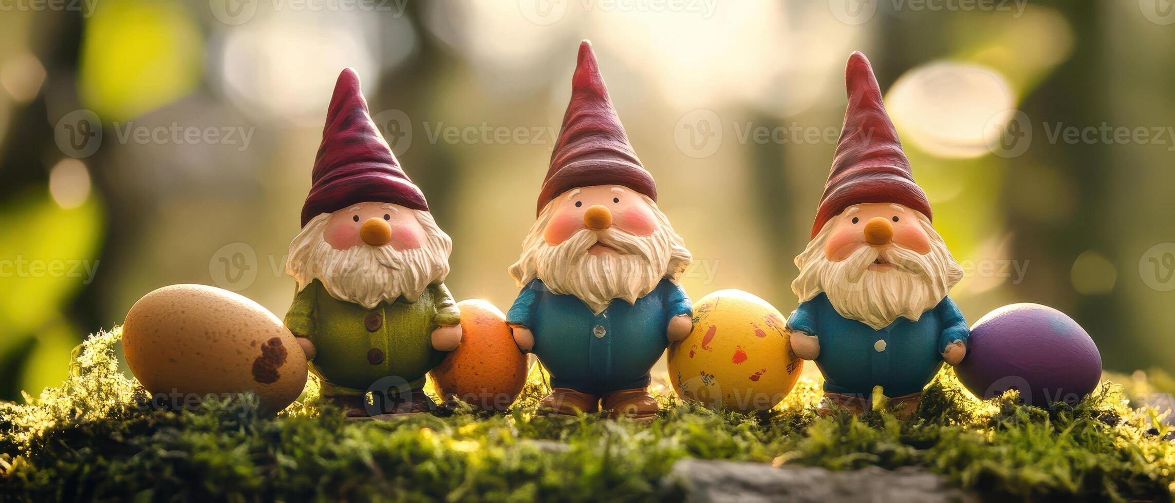 Three gnomes with colorful eggs on a grassy field photo