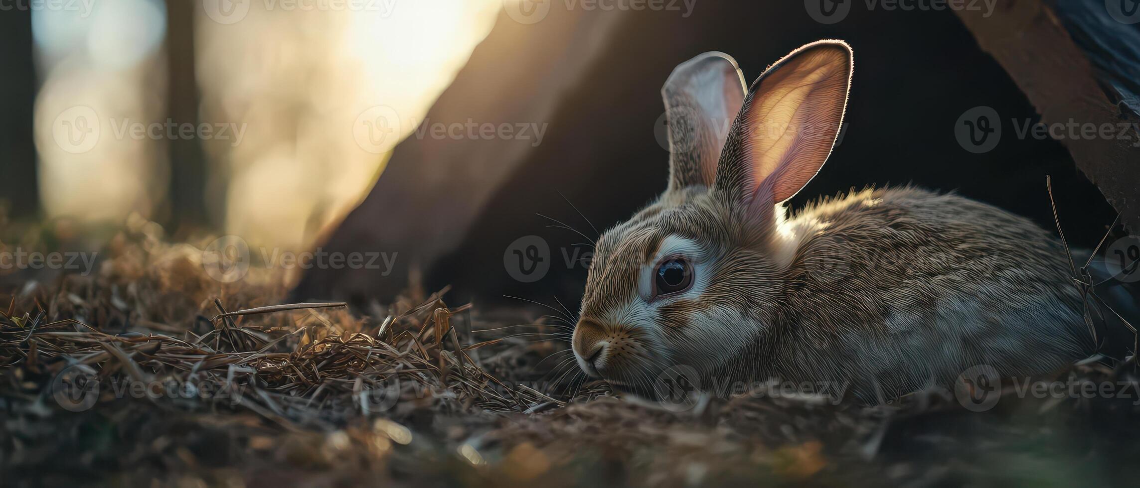 A rabbit is sitting in the grass near a tree photo