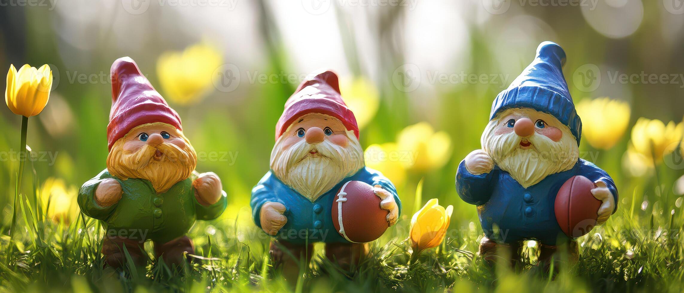Three gnomes are standing in the grass with yellow flowers photo